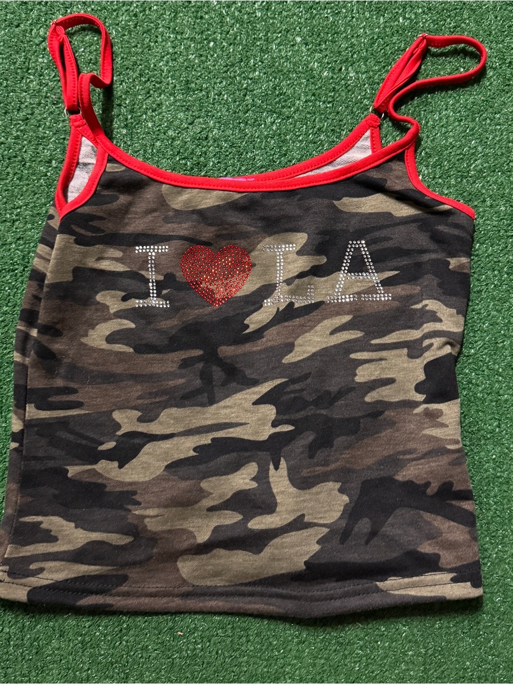 Edikted Camo Tank Top with Red Trim and Rhinestone "I ♥ LA"